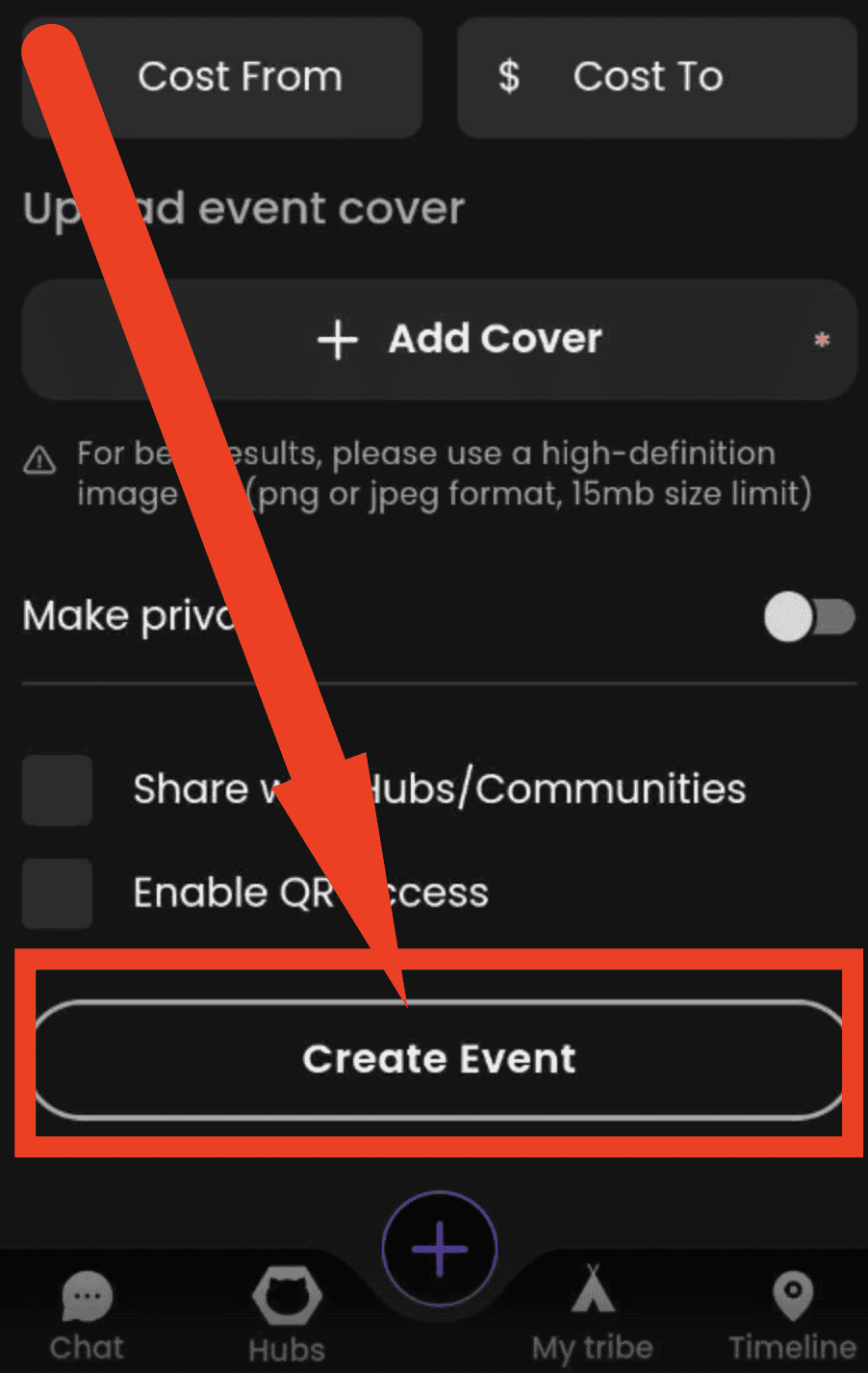 finish the process with CREATE EVENT button